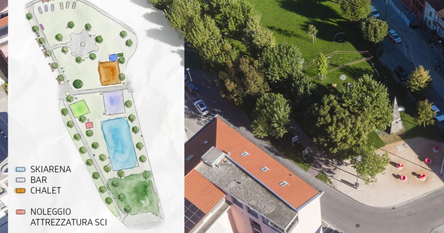 Una pista da sci sotto l’albero in piazza Grande a Giubiasco