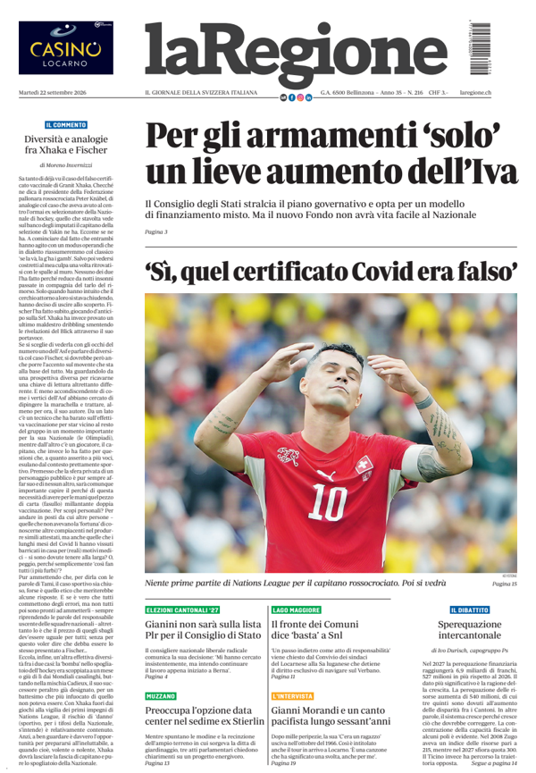 Prima pagina laRegione di oggi