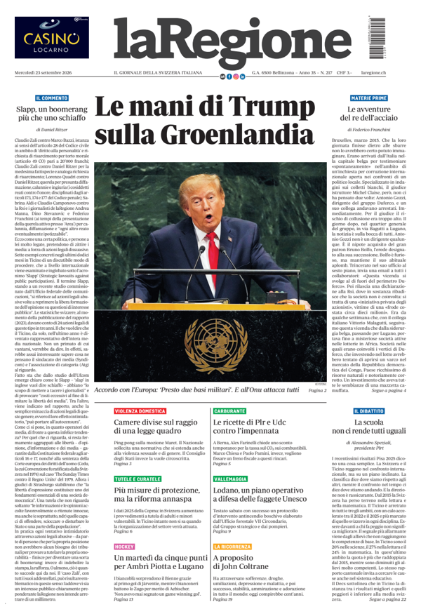 Prima pagina laRegione di oggi