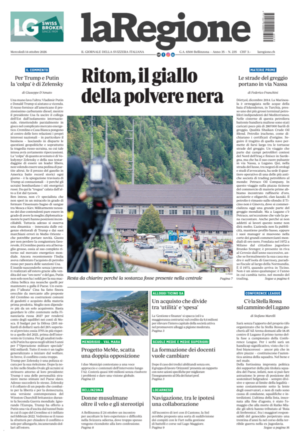 Prima pagina laRegione di oggi